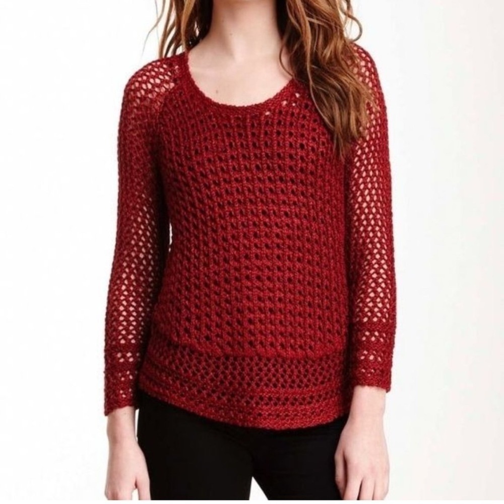 Lucky Brand Marissa Open Knit Sweater Metallic Red Size Small.  Crochet.